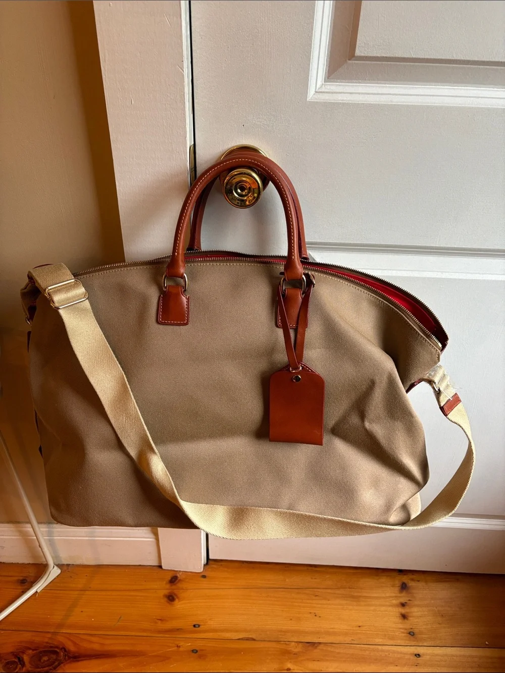 Dooney & Bourke Beige Canvas Duffel with Brown Leather Trim